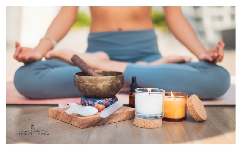 A women sitting with meditation setup