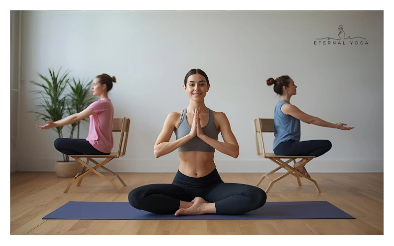 women's doing chair yoga